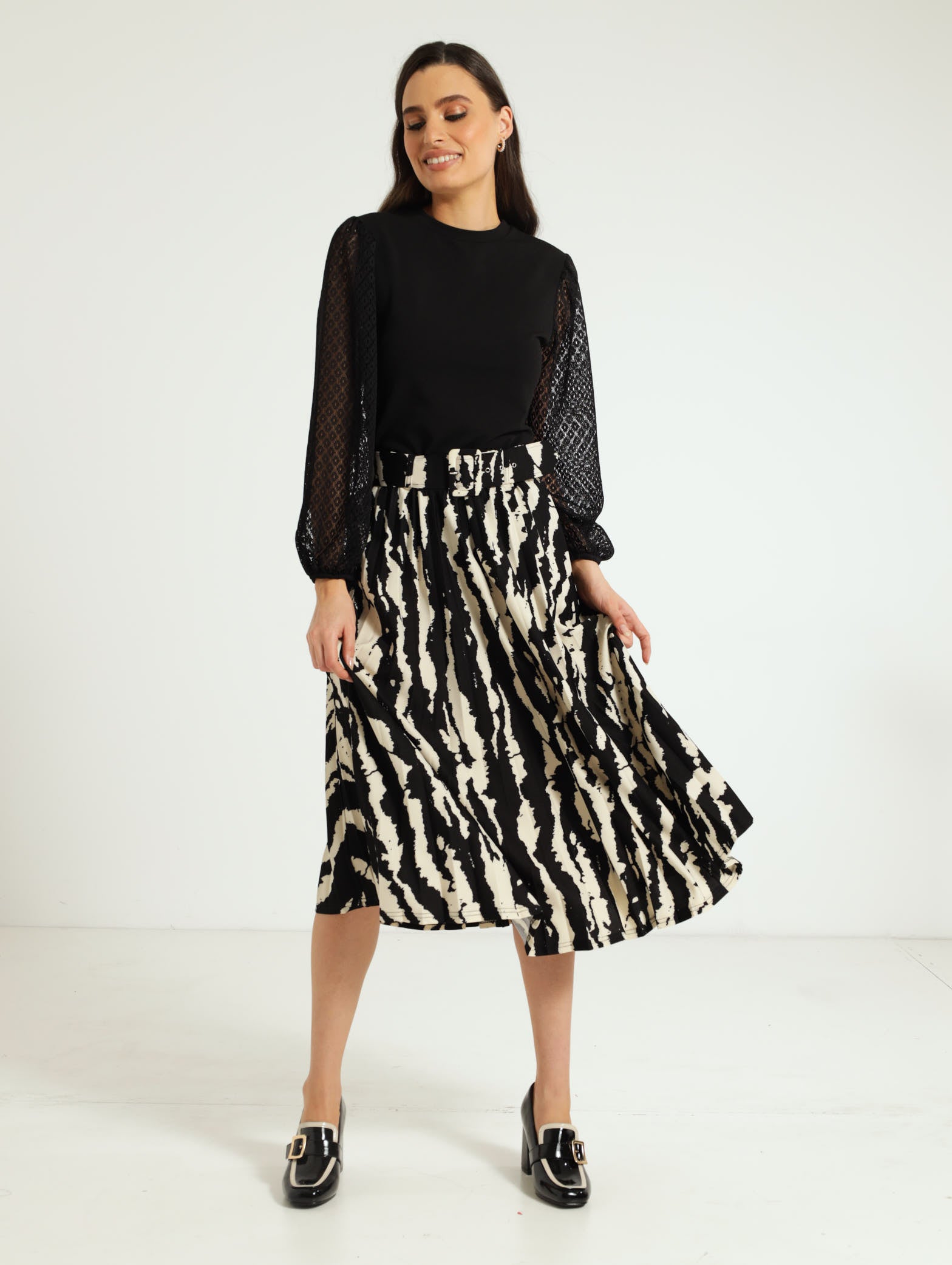 Covered Belt Pleated Midi Skirt Black/White Edgars Namibia