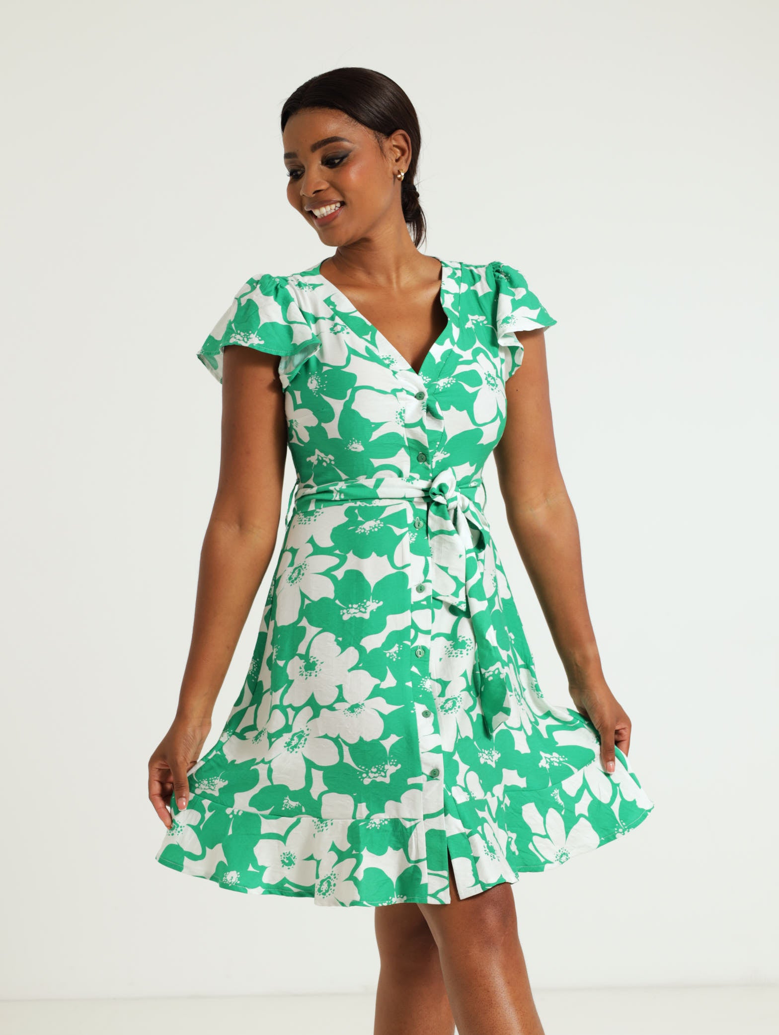Frill Sleeve VNeck Shirt Dress White/Green Edgars Namibia