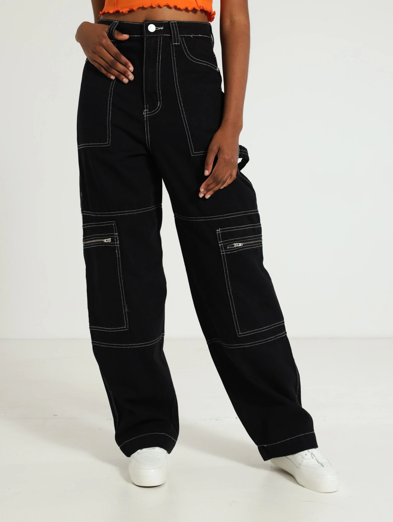 Ladies Zip Contrast Stitch Cargo Denim Jeans - Black – Edgars Namibia