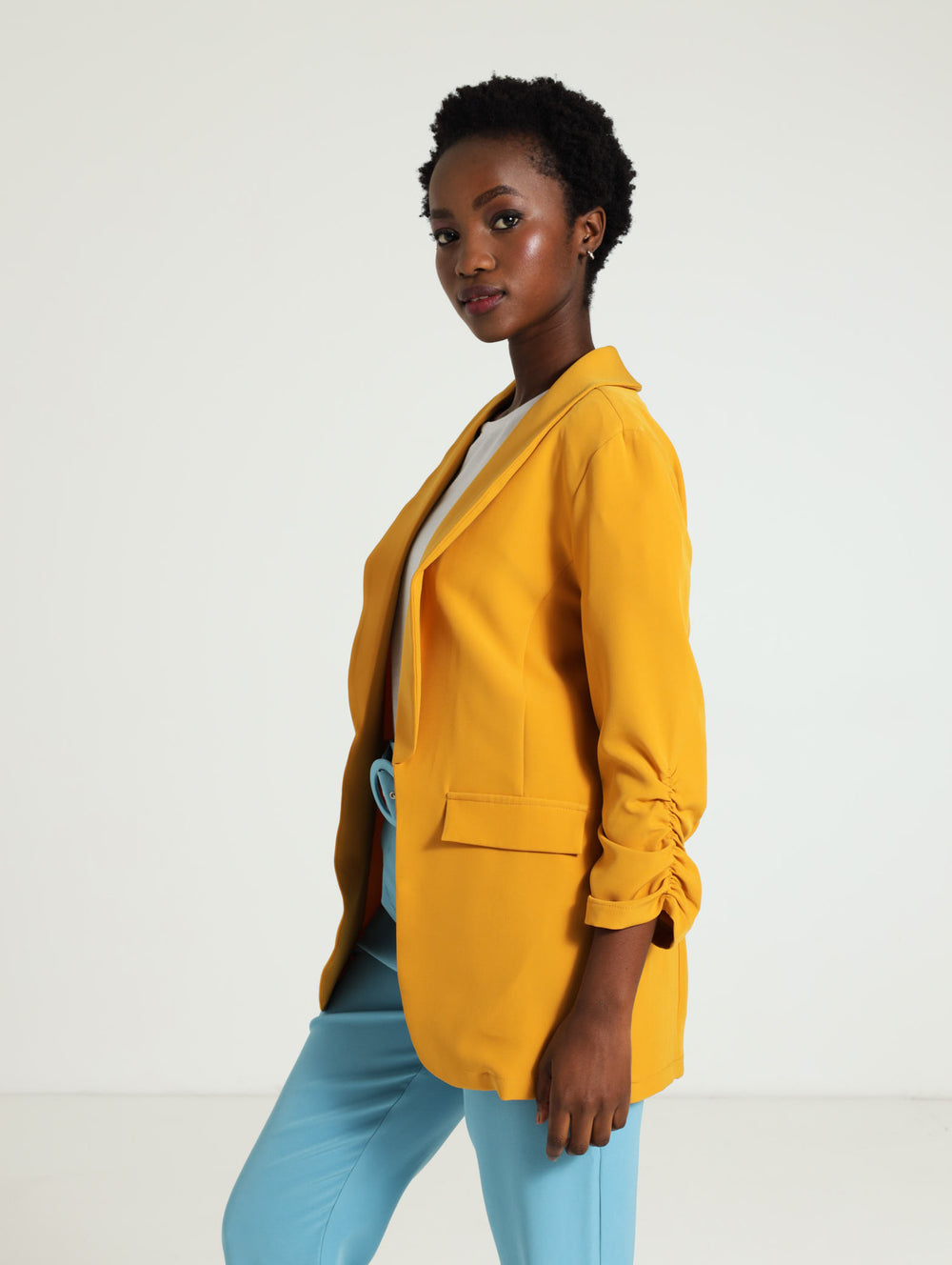 Ladies Half Lined Ruched Sleeve Blazer Mustard Edgars Namibia